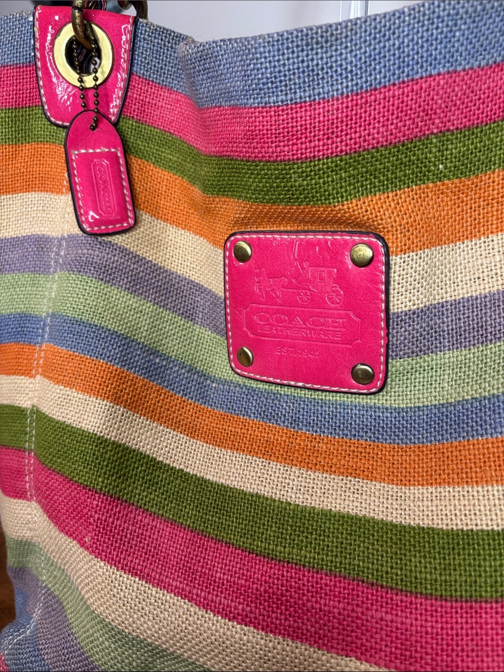 Coach HTF Legacy Striped Multicolor Woven Tote Bag with Pink Patent Leather Trim - Picture 5 of 16